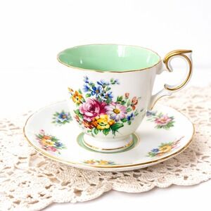 Crown Staffordshire Bone China Teacup Saucer Mint Green Floral Gold Gilt England